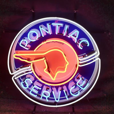 Pontiac Service Neon Sign illuminated, mounted on wall with visible metal grid backing and glowing glass tubing