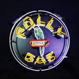 Circular neon sign featuring a green parrot perched on a red banner reading 'POLLY,' surrounded by yellow glowing letters spelling 'POLLY GAS' and outlined in white neon tubing.