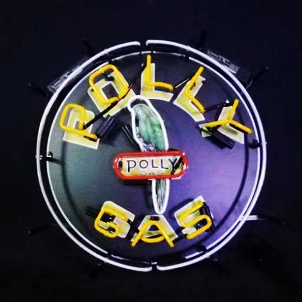 Circular neon sign featuring a green parrot perched on a red banner reading 'POLLY,' surrounded by yellow glowing letters spelling 'POLLY GAS' and outlined in white neon tubing.