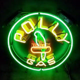 Round neon sign with 'POLLY' in yellow, a green parrot silhouette in center, and 'GAS' in yellow below, surrounded by a glowing green circular border, dark background