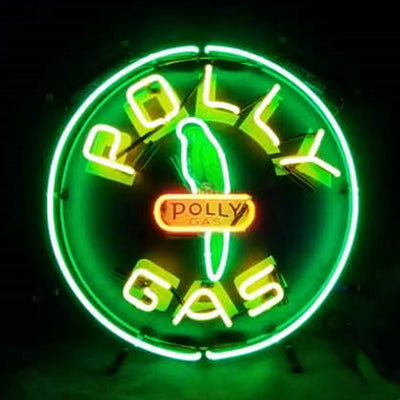 Polly Gas Parrot Neon Sign Light brightly lit against a neutral wall showing a yellow, green, and orange neon parrot with acrylic backboard