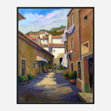 Sunlit narrow alley framed by warm-toned buildings with hanging laundry and potted plants, under a partly cloudy blue sky, evoking a quiet village scene.