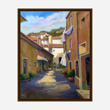 Sunlit narrow alley with terracotta-roofed buildings, hanging white laundry, and potted plants along the shadowed pavement under a bright blue sky.