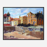 Impressionist-style painting of coastal buildings with warm yellow and orange tones, palm trees, and a sandy beach under a bright blue, partly cloudy sky.