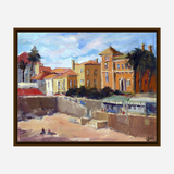 Impressionist painting of sunlit seaside buildings with red roofs and palm trees facing a sandy beach bordered by a stone wall under a blue sky with soft clouds.