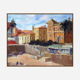 Oil painting of a sunlit Portuguese beach scene with warm-toned buildings, palm trees, and figures on sand against a blue sky with soft clouds.