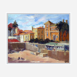 Impressionist painting of sunlit coastal buildings with red and peach facades, palm trees, and a sandy beach area beneath a partly cloudy blue sky.