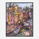 Impressionistic oil painting of a coastal village with colorful buildings, boats docked by the water, and a cloudy sky overhead.
