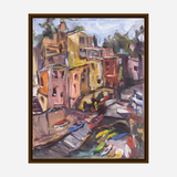 Impressionistic painting of colorful buildings and boats along a waterfront, with loose brushstrokes in warm yellows, reds, and earthy tones.