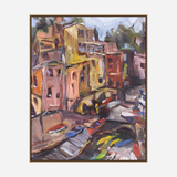 Impressionistic painting of closely packed pastel buildings along a waterfront with boats in a canal, painted with bold brushstrokes and earthy tones.