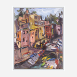 Impressionistic painting of colorful buildings in shades of yellow, pink, and red along a canal with boats and water reflections under a cloudy sky.