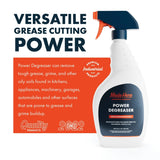 White 32oz spray bottle of MadeHere Power Degreaser with navy blue and orange trigger and label, set against text describing grease-cutting power and uses.