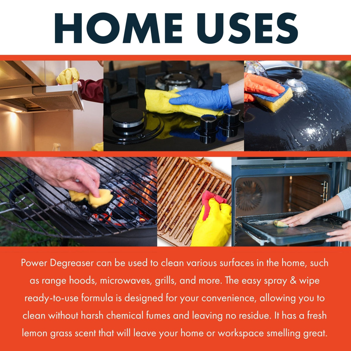 Collage of six scenes showing cleaning home surfaces: a stainless steel range hood, a black glass stove, a black grill lid, grill grates, oven interior, and a hand scrubbing with yellow gloves and sponge.