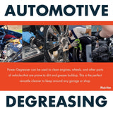 Collage showing hands wearing gloves cleaning various automotive parts including an engine, gear shift, wheel, tire with brush, and car exterior using degreasing products.