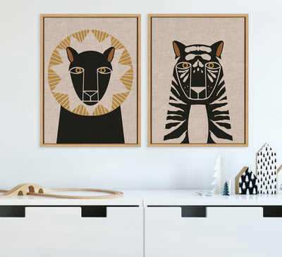 Sylvie Lion Profile Neutral Linen and Tiger Profile Neutral Linen Framed Canvas Art Set by Hannah Beisang