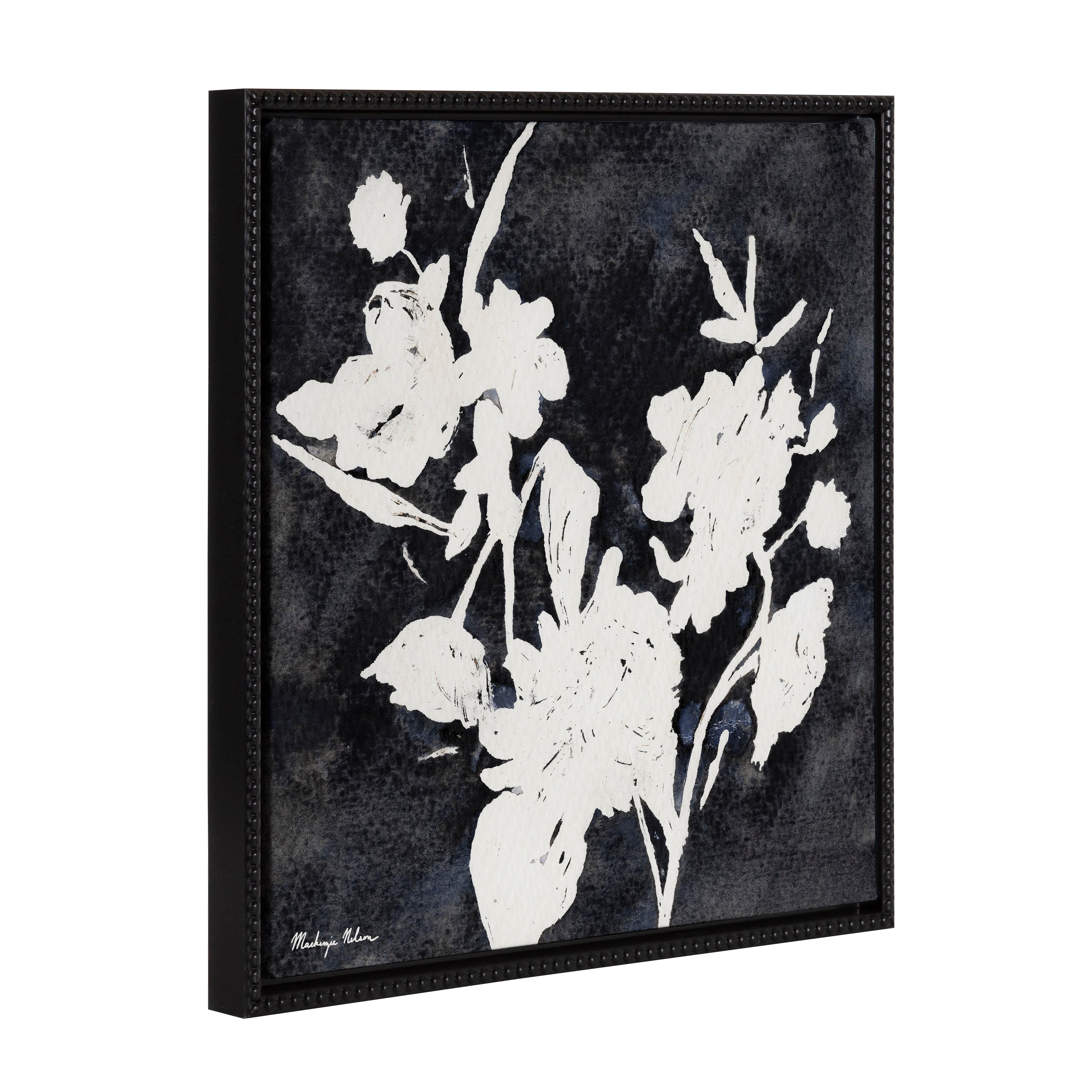 Black and white framed canvas art of wildflowers with a vintage beaded frame by Mackenzie Nelson