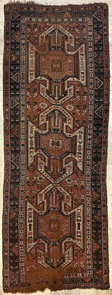 Photographs of the Pre-1900 Triple Shield Sewan Kazak rug showing detailed patterns in red, blue, and beige tones.