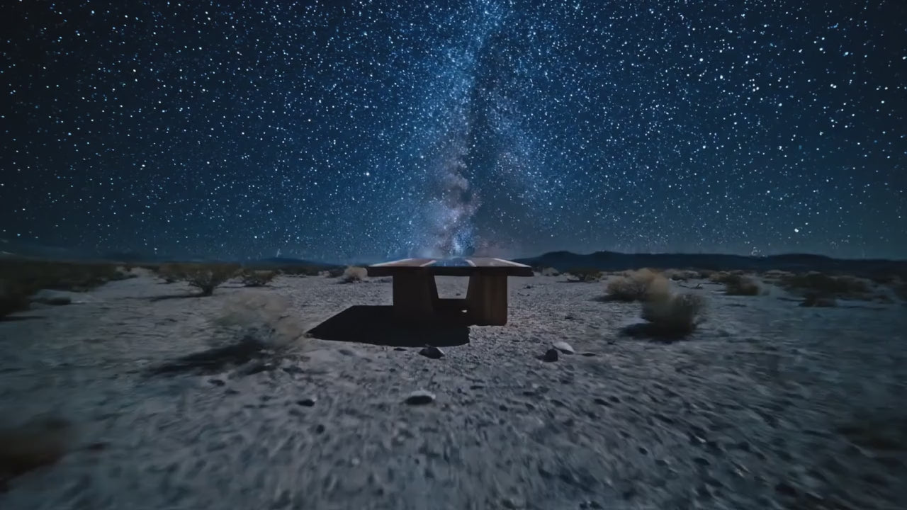 Load video: walnut epoxy resin table with black resin outside underneath the night sky and stars