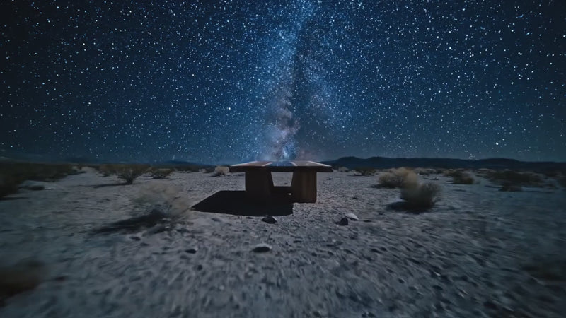 walnut epoxy resin table with black resin outside underneath the night sky and stars