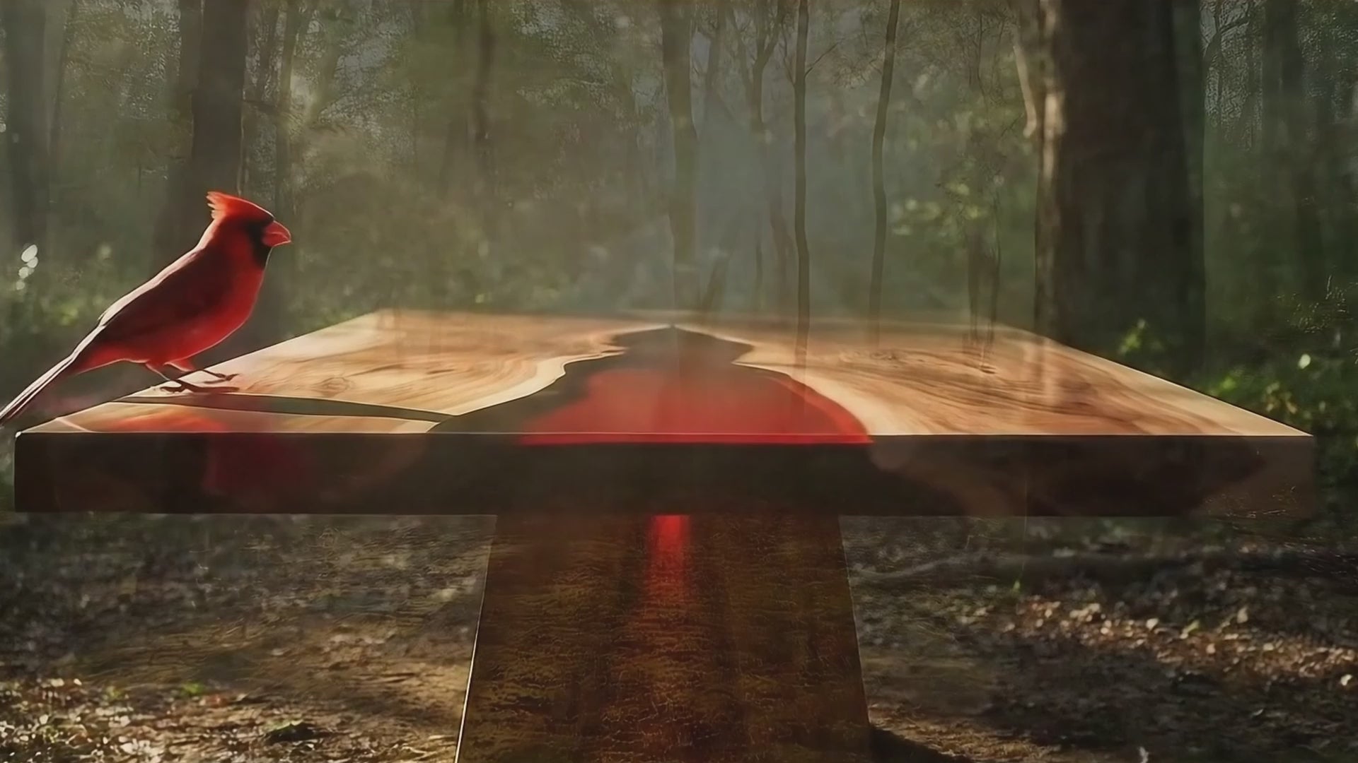 Load video: Red Epoxy Resin Dining Table in forest setting with a northern cardinal walking across it.
