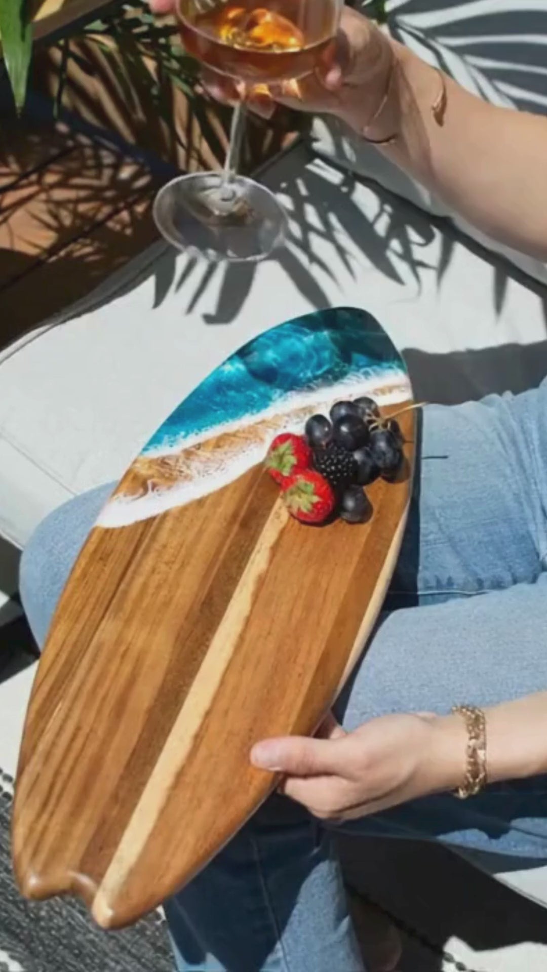 Surfboard Charcuterie Board with Resin by Lynn & Liana Designs