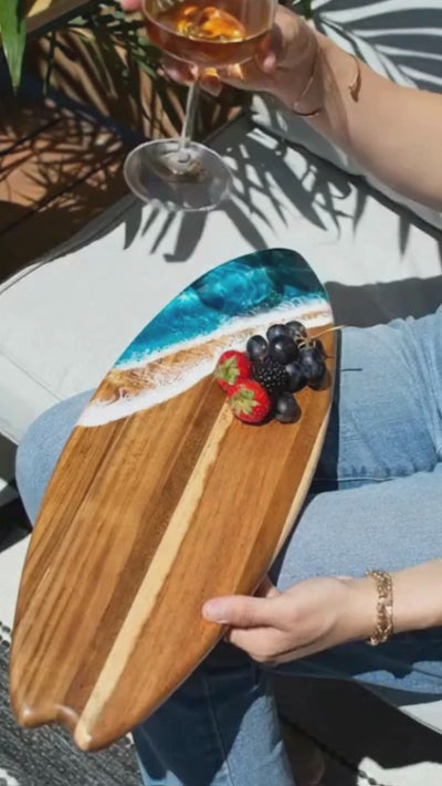 Surfboard Charcuterie Board with Resin by Lynn & Liana Designs