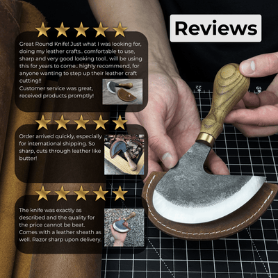 Professional leather crafting half round knife with ash wood handle and carbon steel blade