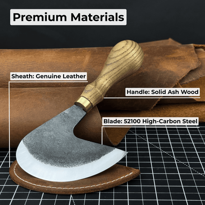 Professional leather crafting half round knife with ash wood handle and carbon steel blade