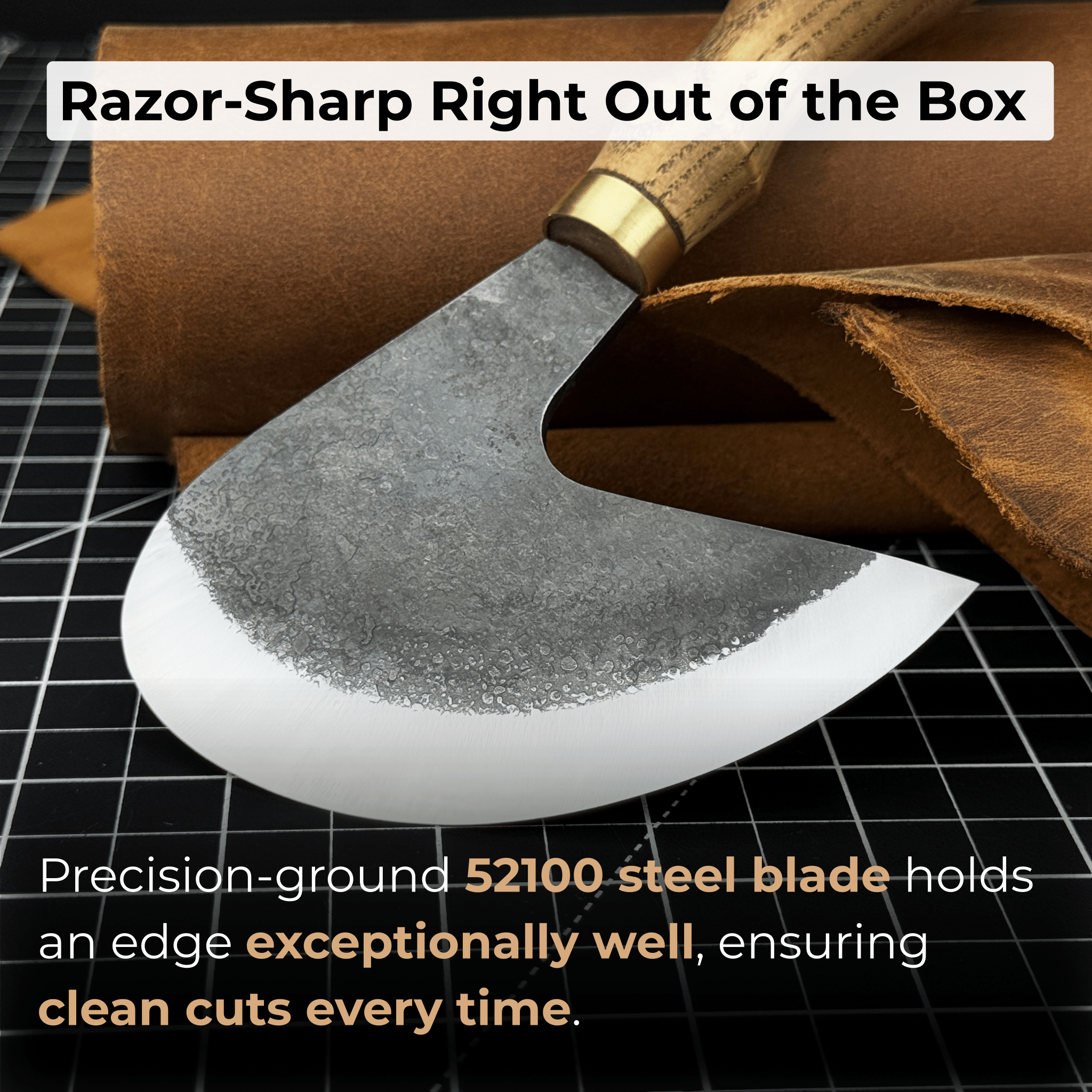 Professional leather crafting half round knife with ash wood handle and carbon steel blade