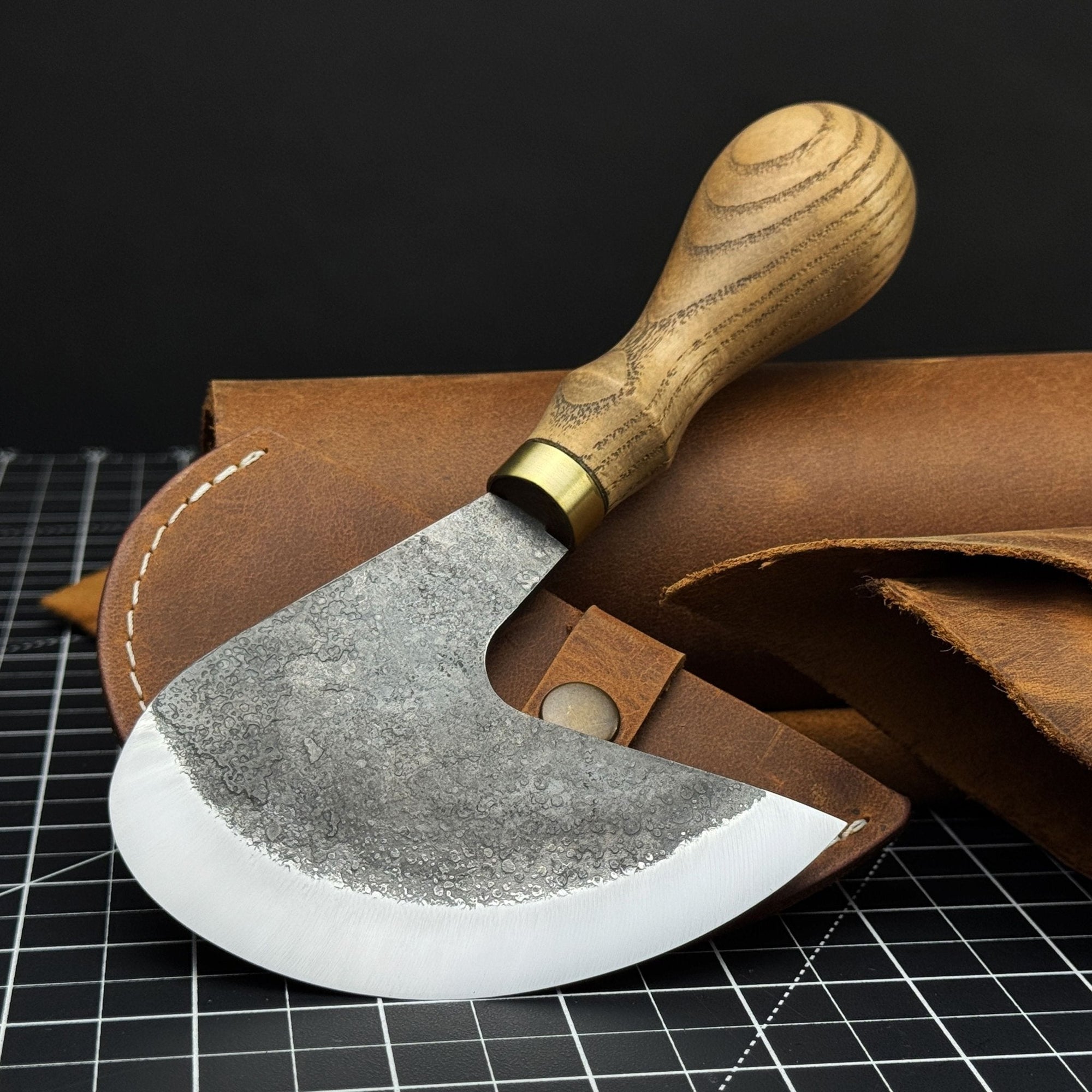 Professional leather crafting half round knife with ash wood handle and carbon steel blade