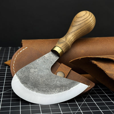 Professional leather crafting half round knife with ash wood handle and carbon steel blade