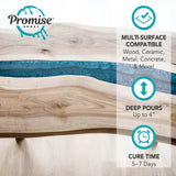 Natural wood slab with a textured blue resin river flowing through the center, highlighting the grain and knots in the light wood surface.