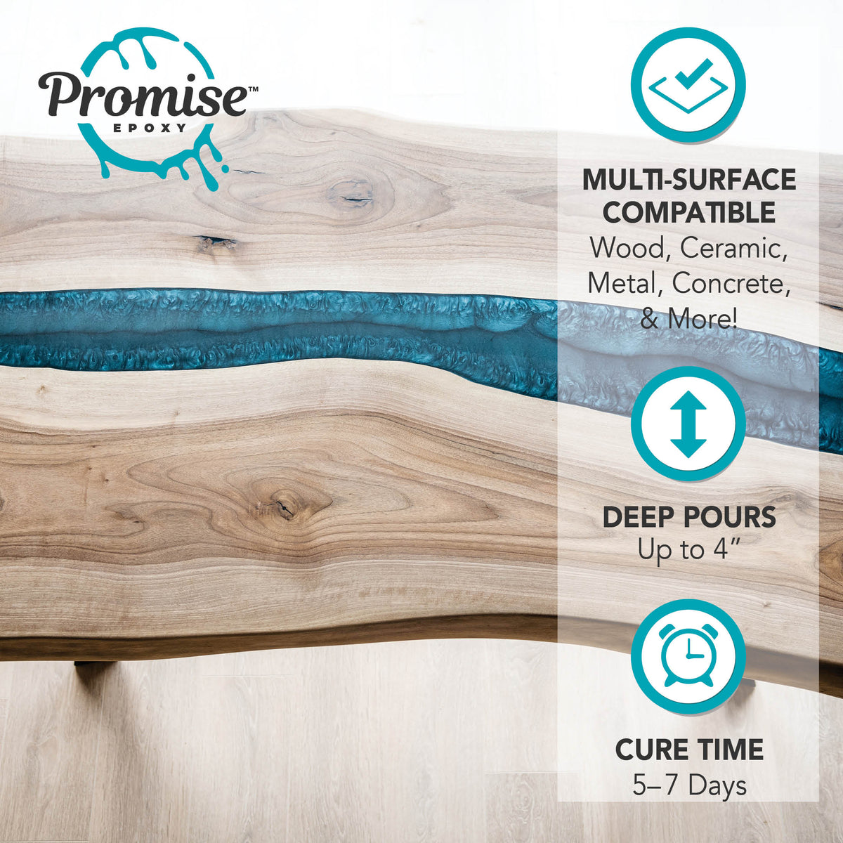 Natural wood slab with a textured blue resin river flowing through the center, highlighting the grain and knots in the light wood surface.