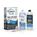 Promise Table Top Epoxy kit with 32 oz total; includes clear finish resin (Part A) in white bottle and hardener (Part B) in black-capped bottle, plus mixing sticks and cup