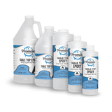 Five white plastic bottles of Promise Table Top Epoxy resin in varying sizes with blue and white labels displaying product name and caution information.