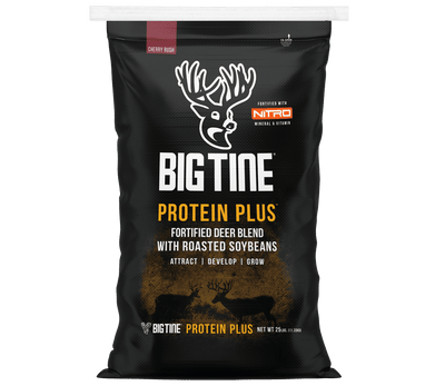 Big Tine Protein Plus Deer Blend bag with Cherry Rush branding and deer images