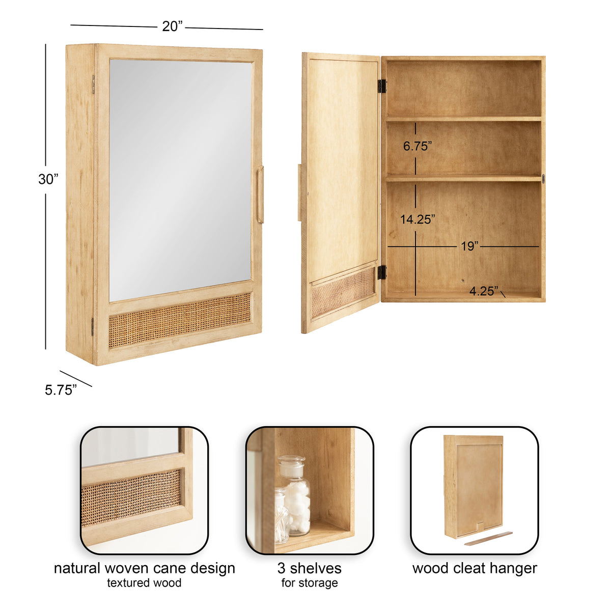 Rectangular wooden wall cabinet with a large mirror front and woven cane panel below, showing open door with three shelves inside and wood cleat hanger on back.