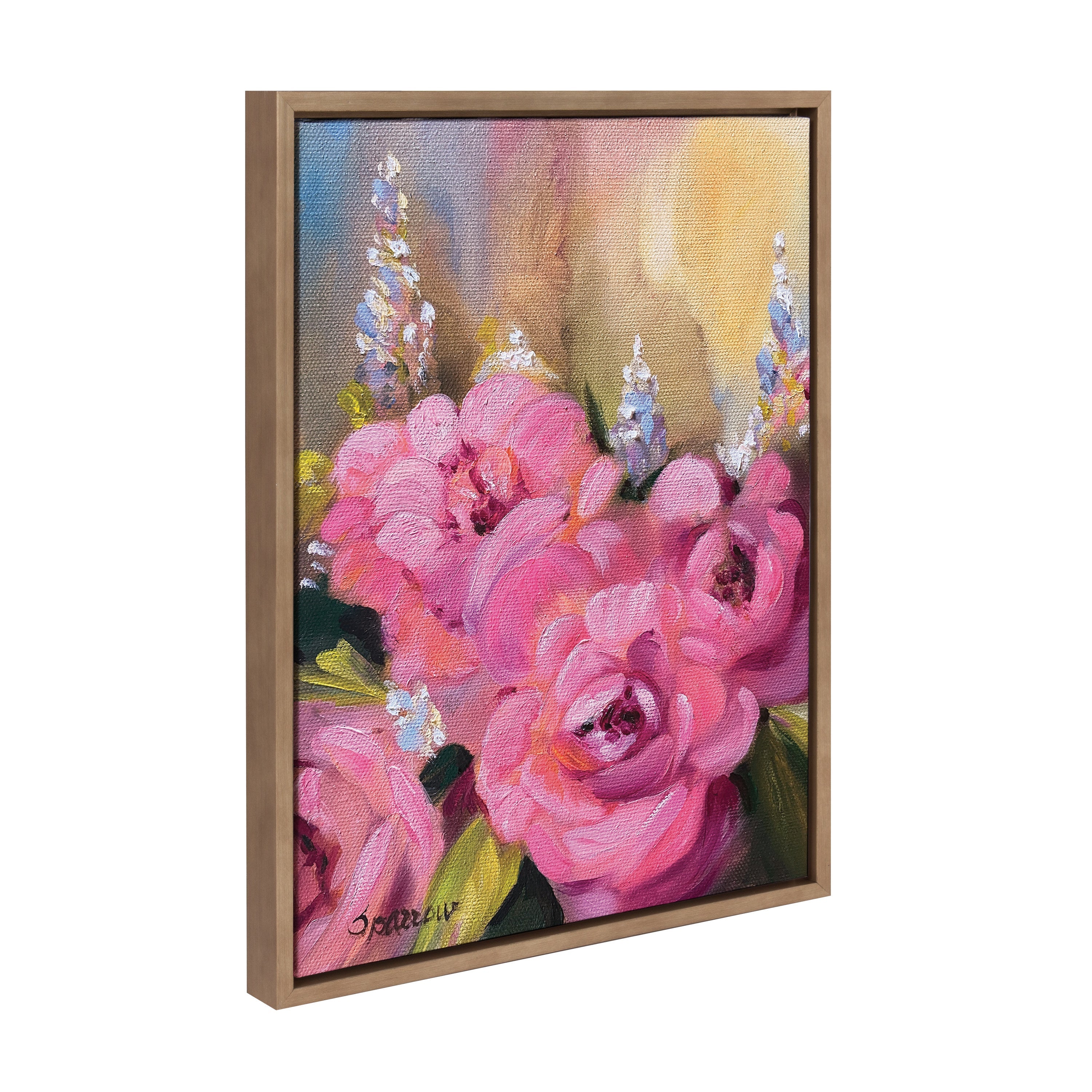 Sylvie Hot Pink floral framed canvas art with white frame displayed on a beige wall