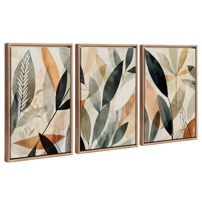Sylvie Abstract Blue and Gray Earth Tone Botanical Framed Canvas Art Set showing three canvas pieces with abstract leaf designs in soft earth tones.