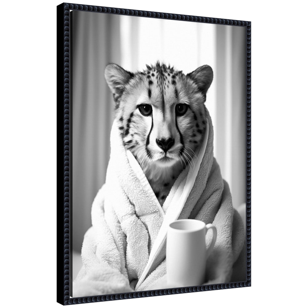 Black and white framed canvas art showing a stylized cheetah design titled ‘Sylvie Cheetah Bathroom Art Towel Robe’