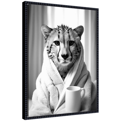 Black and white framed canvas art showing a stylized cheetah design titled ‘Sylvie Cheetah Bathroom Art Towel Robe’