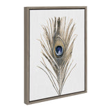 Framed canvas featuring a detailed peacock feather with a blue and black eye design on a white textured background, set in a light wood frame.