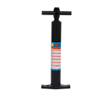Black vertical hand pump with a T-shaped handle and foot supports, featuring a multi-colored instructional label on the central cylinder.