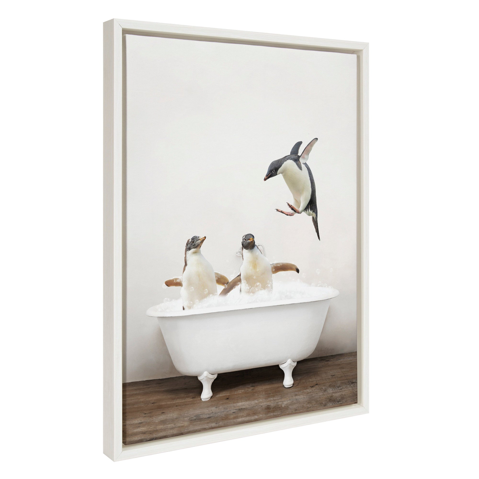 Sylvie Penguins Playing in Rustic Bath Framed Canvas by kateandlaurel - main product image for Resin Society