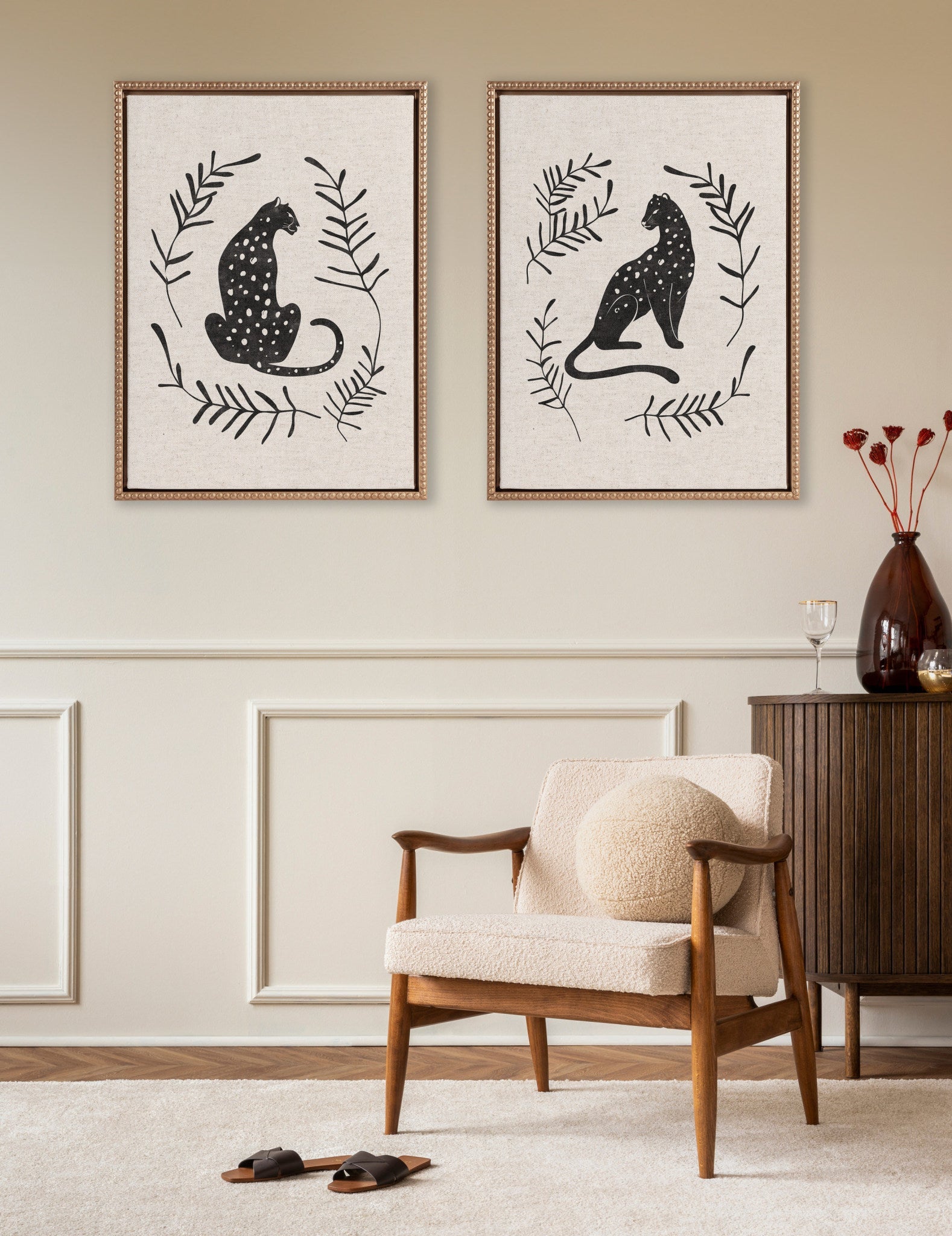 Sylvie Beaded Jungle Black and Jungle Black 2 Neutral Linen Bright Framed Canvas Art Set by Alexander Ginzburg