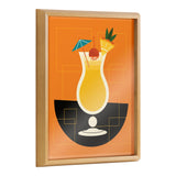Stylized pina colada cocktail with umbrella, cherry, and pineapple slice on an orange background with geometric shapes in a wooden frame.