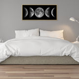 Rectangular framed canvas above bed showing five grayscale moon phases against black background, from waning crescent to full moon and waxing crescent.