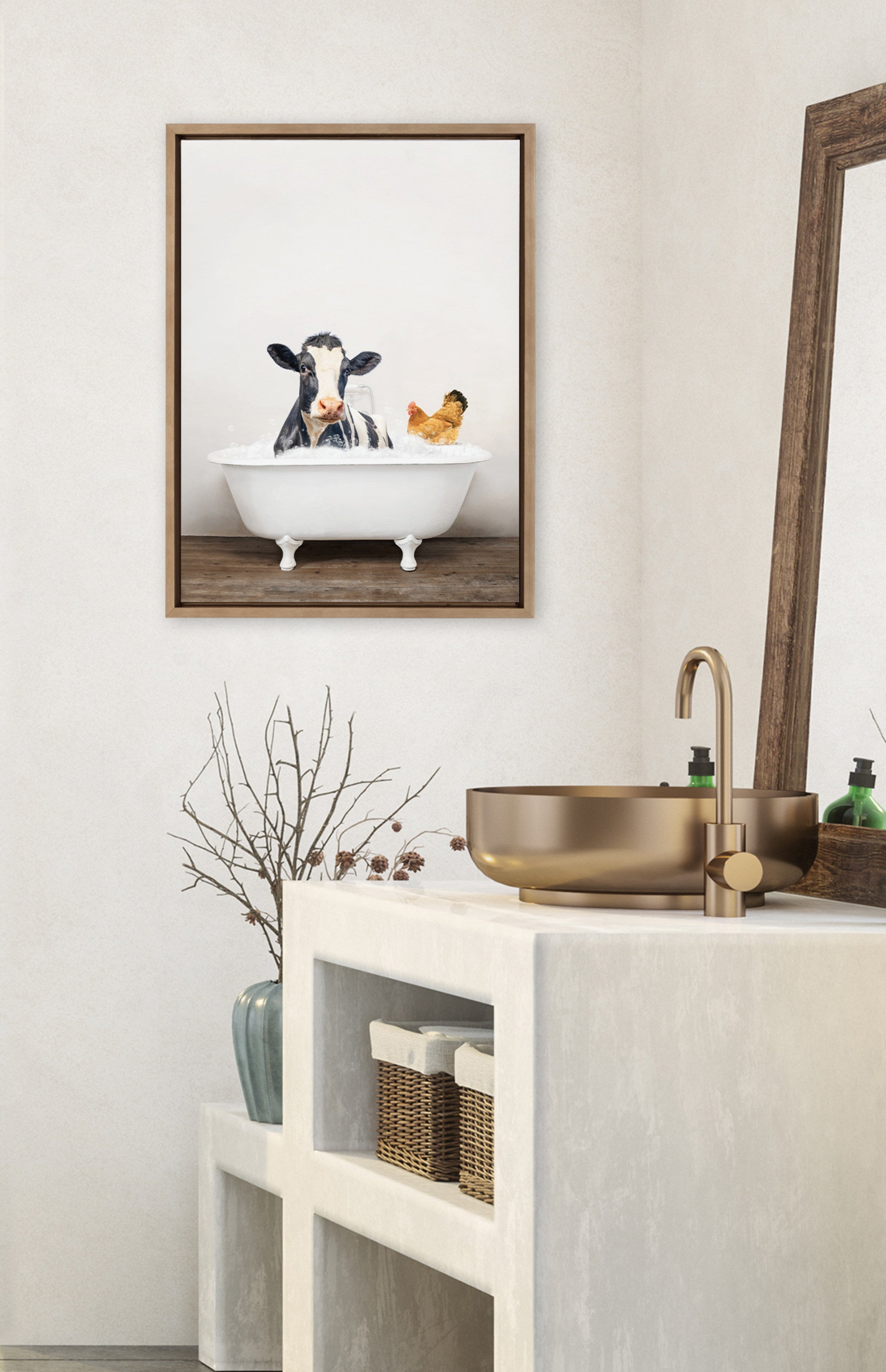 Sylvie Cow and Chicken in Rustic Bath Framed Canvas by kateandlaurel - product image 10 for Resin Society