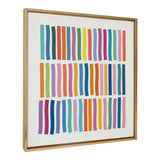 Framed canvas artwork featuring three rows of narrow, colorful vertical lines with a slight wave on a white background, in a light wood frame.