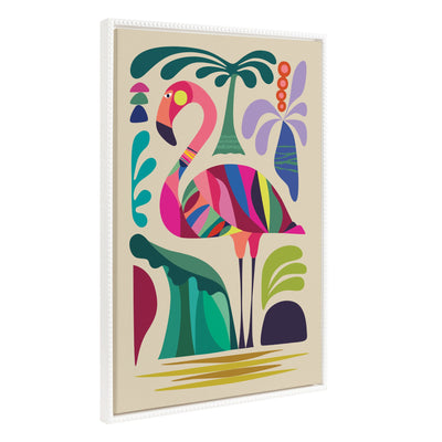 Sylvie Beaded MCM Flamingo Framed Canvas by Rachel Lee showing colorful mid-century modern flamingo with beaded frame
